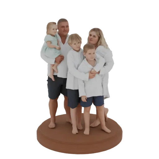 Modello 3D di una famiglia di cinque persone, genitori e tre figli, in piedi insieme su una base circolare.