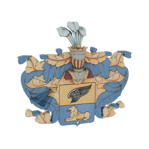 3D model of an ornate heraldic crest featuring a black wing and a gold lion, surrounded by blue and gold foliage and a feathe