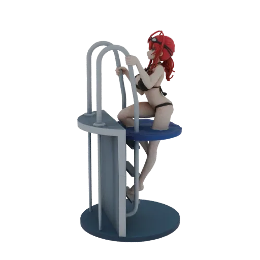 Modèle 3D fille anime aux cheveux rouges, portant un bikini noir, escaladant une échelle grise et bleue.