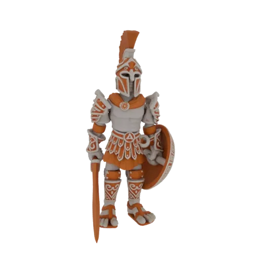 A 3D model of a Spartan warrior with orange and white armor, holding a shield and spear, against a black background.