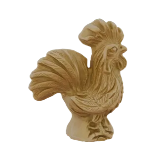 Rendu 3D d'une figurine de coq sculpté en bois avec des textures de plumes détaillées et une finition bois rustique.