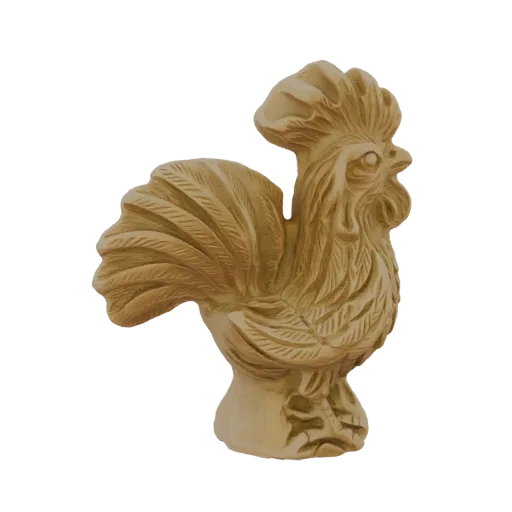 3D-Modell-Render einer geschnitzten Holzfigur eines Hahns mit detaillierten Federtexturen und rustikaler Holzoberfläche.