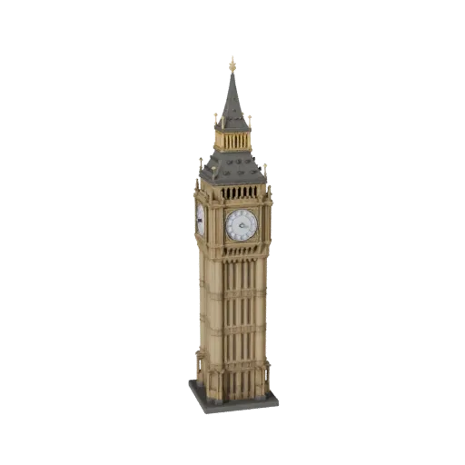 Modelo 3D Big Ben baixo poli, exterior pronto para jogos, mostrando materiais da estrutura do marco histórico e detalhes arqu