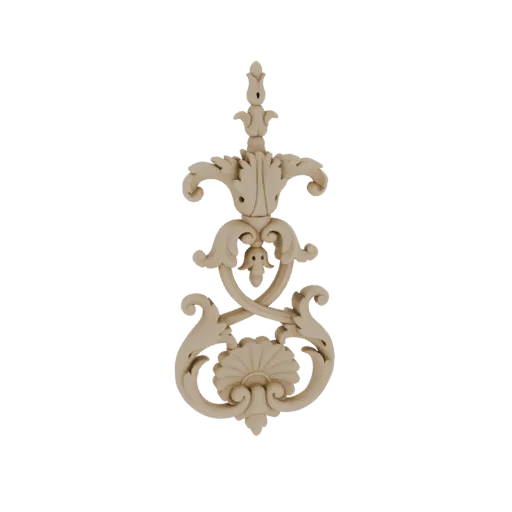 A detailed 3D model of an ornate Rococo wood carving ornament with swirling acanthus leaves and floral motifs.