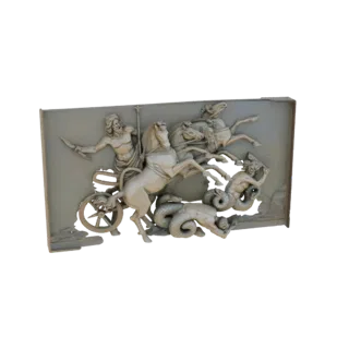 3D model of Neptune's Chariot relief, showing the sea god in a chariot pulled by horses, with sea creatures below.