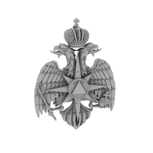 3D-Modell-Render eines grauen doppelköpfigen Adlerwappens mit Krone, Zepter und Reichsapfel, vor weißem Hintergrund.