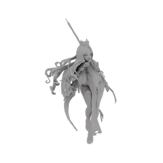 Modello 3D di una regina fantasy con lunghi capelli fluttuanti, corona e lancia, raffigurata in una posa aggraziata.