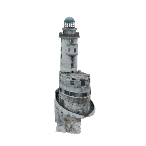 3D model render of a weathered, abandoned lighthouse with a domed top, perched on a rough, grey rocky outcrop against a black