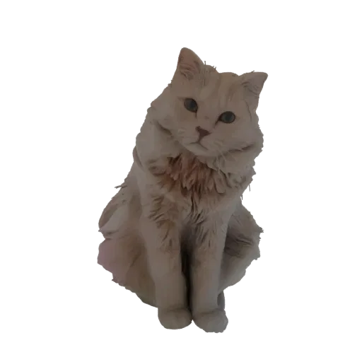 Modelo 3D de un gato persa crema esponjoso sentado con la cabeza ligeramente inclinada, mirando al espectador.