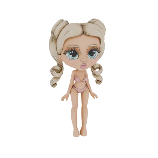 3D model of a cute kawaii doll with blonde pigtails, large blue eyes, freckles, and a pink bikini, posed standing.