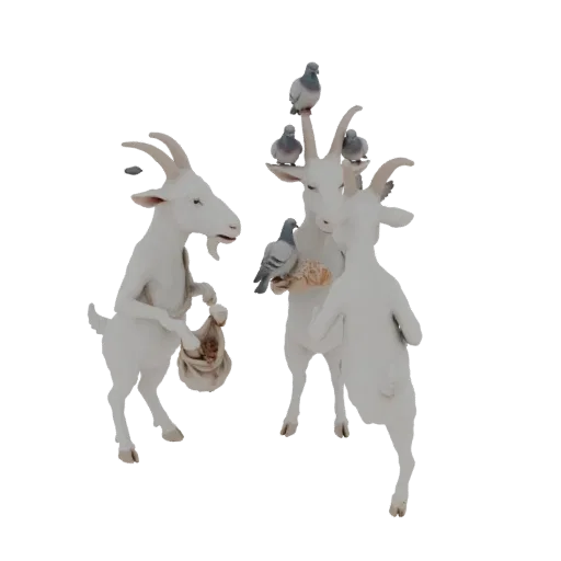 3D model render of three white goats with pigeons perched on them, set against a black background.