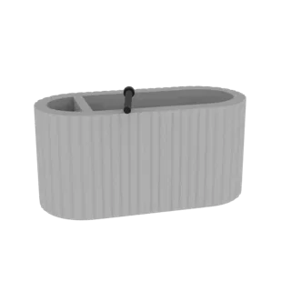 Uma renderização 3D de um organizador de banheiro oval canelado cinza claro, com uma ranhura para um dispensador, contra um f
