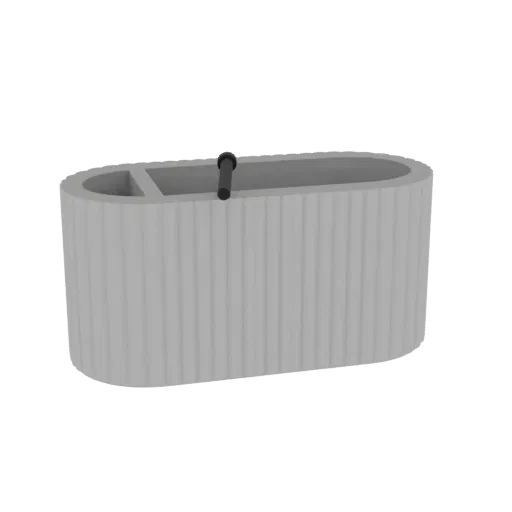A 3D render of a light gray, fluted oval bathroom organizer with a slot for a dispenser, set against a white background.