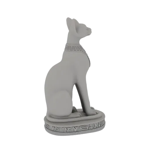 3D model of a seated Egyptian cat goddess Bastet statue with hieroglyphic carvings on its base, rendered in a matte white fin