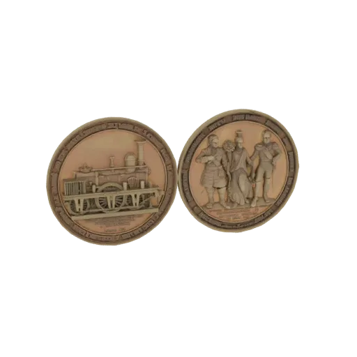 3D model of a bronze coin with a Victorian steam locomotive on one side and three historical figures on the other.