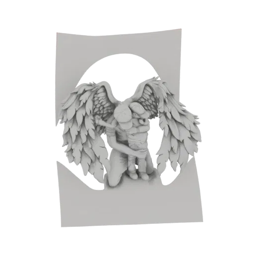 3D model of a winged angel kneeling and tenderly embracing a child, with detailed feathers and a serene expression.