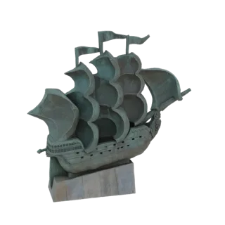 3D model of an antique galleon ship with weathered bronze patina, sails unfurled, resting on a stone base.