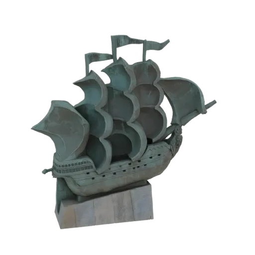 3D model of an antique galleon ship with weathered bronze patina, sails unfurled, resting on a stone base.