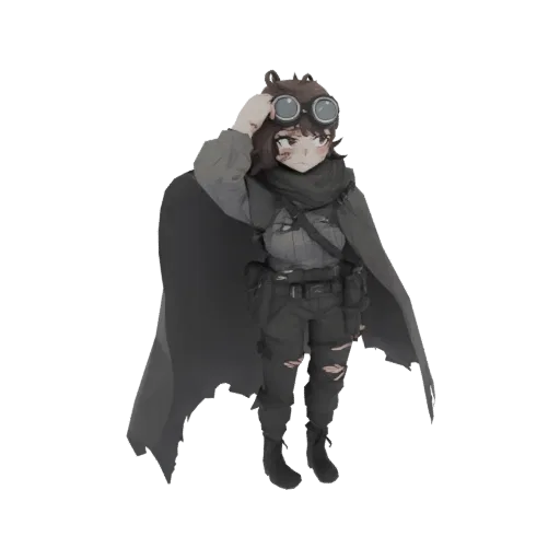 3D model render of a steampunk anime girl explorer wearing goggles and a cape, adjusting her eyewear.