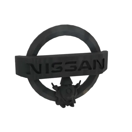 3D model of the Nissan logo with a small, playful gnome figurine integrated into its design, rendered in a dark metallic fini