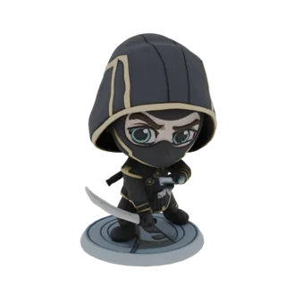 3D-Modell eines Chibi Ronin Charakters in dynamischer Pose, der ein Katana hält, mit einer stilisierten Kapuzenmaske und deta