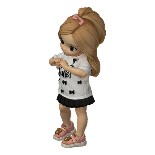 3D model of a cute girl with a pink bow in her hair and pink sandals with teddy bear details, standing and looking down.