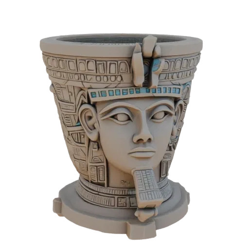 نموذج ثلاثي الأبعاد لأصيص على شكل رأس فرعون مصري قديم بغطاء رأس مفصل (نيمس) وزخارف
