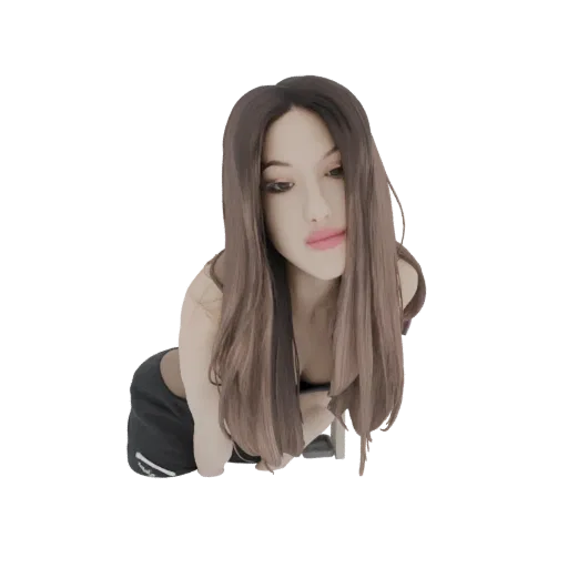 3D model of an AI-generated woman with long ombre hair, wearing black athletic shorts and a dark top, in a dynamic posing sta