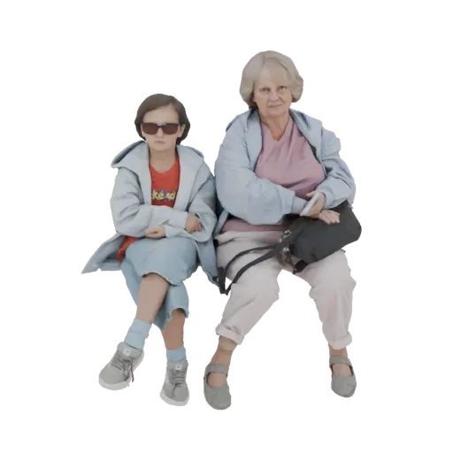 3D model of a young girl with sunglasses and an elderly woman sitting together, both wearing casual clothing.