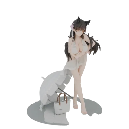 3D model of a girl in a white bikini with a beach umbrella and handbag, posed on a grey base.