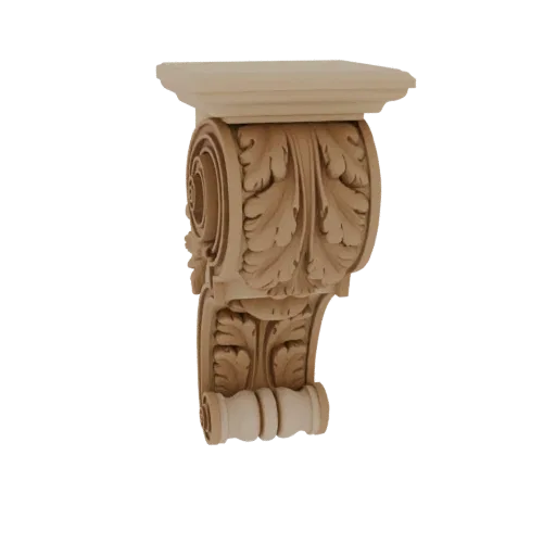 3D model of a wooden corbel with detailed acanthus leaf carvings and scrollwork, presented on a white background.