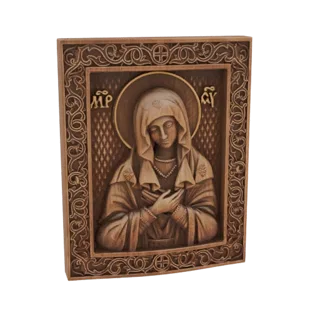 3D model of a wooden carved icon depicting the Virgin Mary with an ornate frame, presented against a white background.