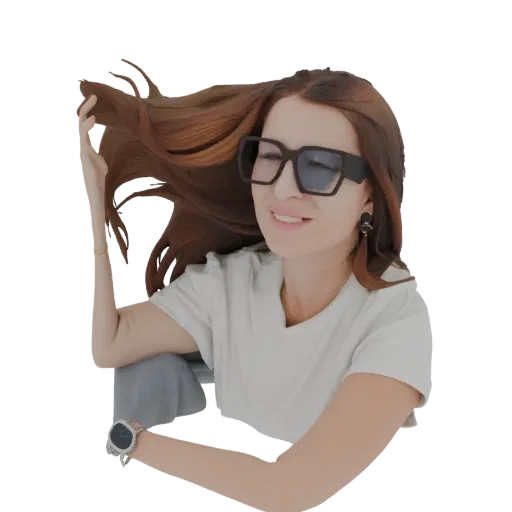 3D model of a woman with long, flowing auburn hair and large, dark sunglasses, wearing a white t-shirt.