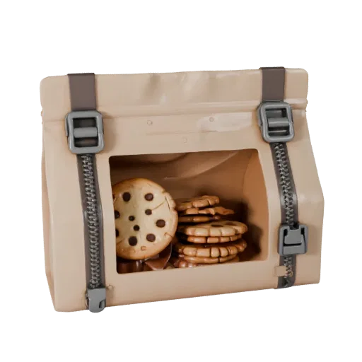 Bagged Cookie Pack 3D model, three-quarter front view, Unity viewport, showing cardboard, package massing.