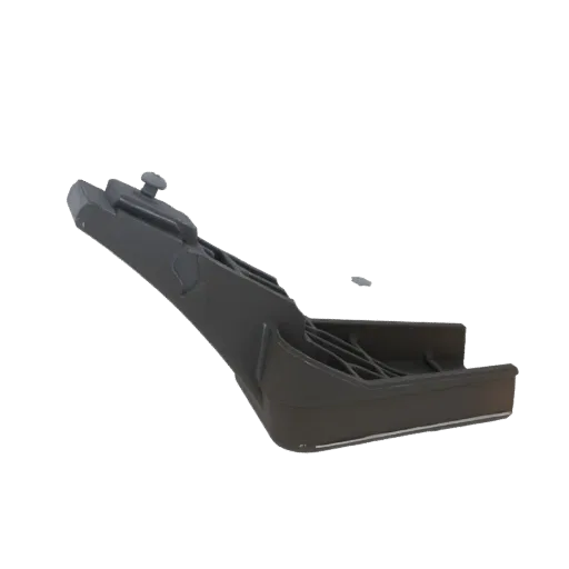 3D model of a dark gray plastic bracket with an integrated clip and ribbed support structure, viewed from a side angle.
