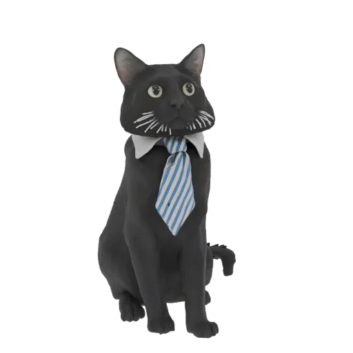 3D model of a black cat sitting upright, wearing a white collar and a blue striped tie, with a white background.