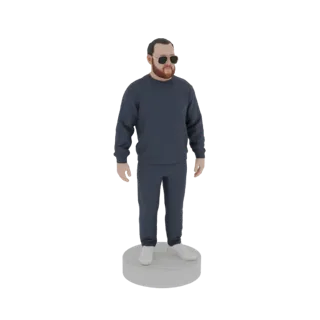 Modèle 3D d'un homme portant un survêtement bleu foncé et des lunettes de soleil, debout sur une base circulaire blanche.