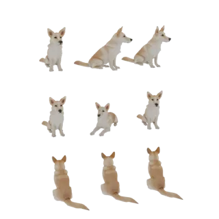 Rendu d'un modèle 3D de chien réaliste en poses assises et couchées sur fond blanc.