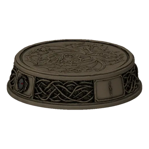 A 3D model of a round, stone-like pedestal with a gothic dragon design on top and intricate knotwork and a red-eyed demonic f
