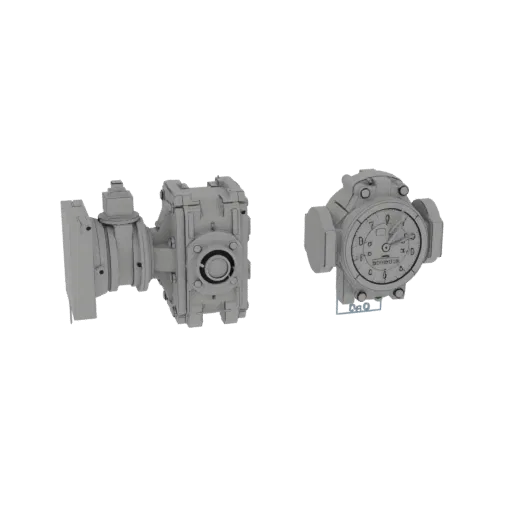 A 3D model of an industrial gearbox and a pressure gauge, presented side-by-side against a black background.