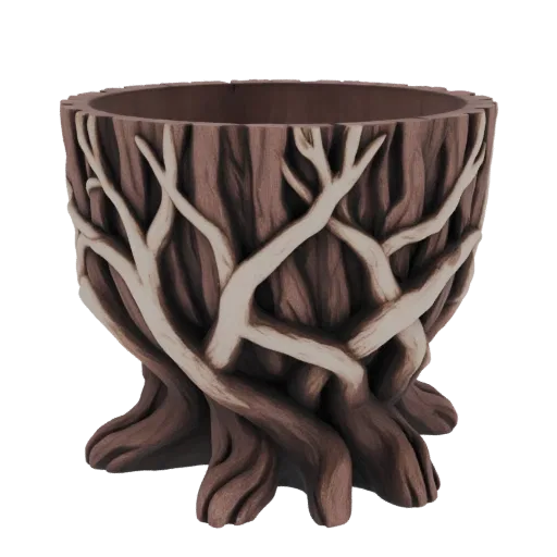 3D model of a planter pot designed to look like a gnarled tree stump with detailed bark texture and entwined roots.