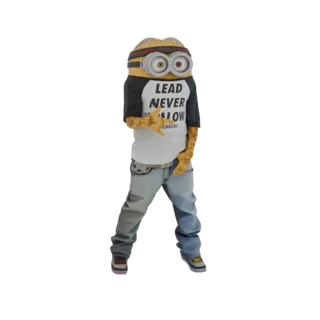 Modelo 3D de um personagem Minion vestindo camiseta 'Lead Never Follow', jeans rasgados e bandana, com tatuagens.