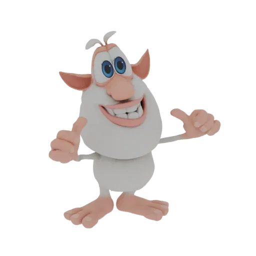 AI-generated 3D model of the character Booba, smiling with thumbs up.