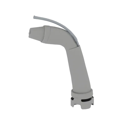 Modelo 3D lâmina laringoscópio Macintosh com forma curva e guia de luz de fibra óptica na ponta, sobre fundo neutro.