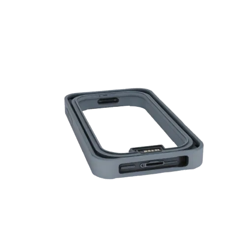 3D model of a gray phone frame for iPhone 16 Pro Max, with camera and magnet cutouts.
