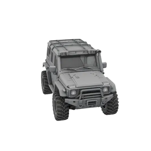 Modèle 3D d'une Lada Niva 2121 (3 portes) grise, lourdement modifiée, avec pneus tout-terrain, snorkel et galerie de toit, vu