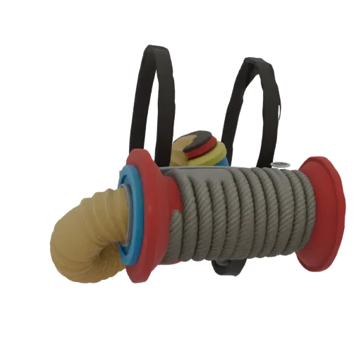 3D model of a retro sci-fi air tank with a coiled hose, red and blue accents, and black backpack straps.