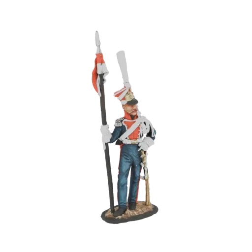Modelo 3D de soldado Granadero de la Guardia Imperial Francesa en uniforme, portando un alto mástil con bandera roja y blanca.