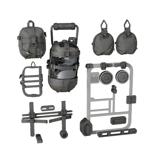 Survival Canteen Kit Printable 3D model, isometric STL render, showing canvas, packable silhouettes.