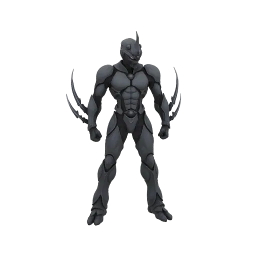 3D model of a cybernetic warrior with a sleek grey armor and sharp blade arms, standing in a neutral pose against a black bac